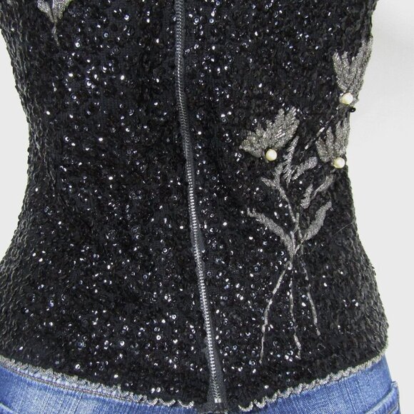 VTG 60s Hand Beaded M Floral Mod Glam Cocktail Party Wool MCM Shell Top Black - Picture 8 of 11